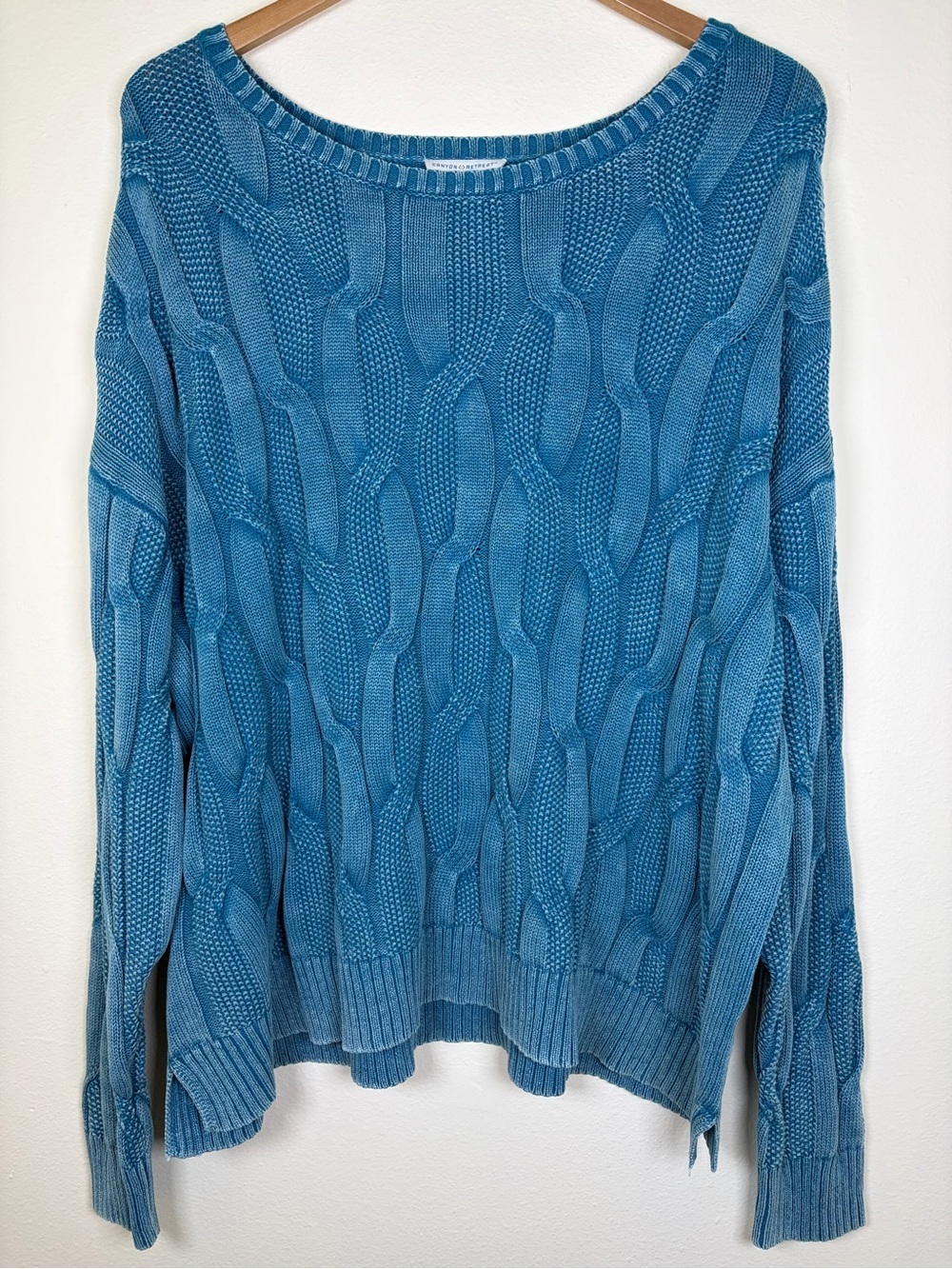 Denim & Co Canyon Retreat Cable Knit Drop Shoulder Washed Sweater 1X Turquoise